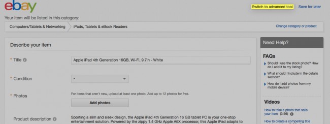 sell on ebay auction switch to advanced tool