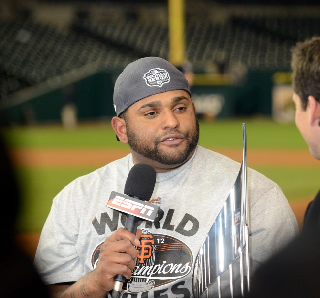 Pablo Sandoval accepting the 2012 World Series MVP Award in Detroit. He cashed in after winning another World Series in 2014.